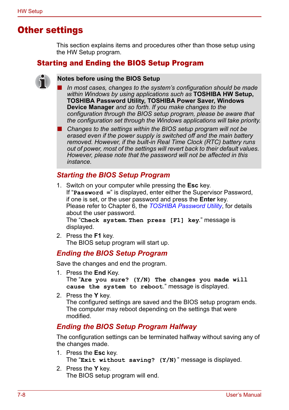 Other settings, Other settings -8, Starting and ending the bios setup program | Toshiba Qosmio F30 (PQF32) User Manual | Page 138 / 276