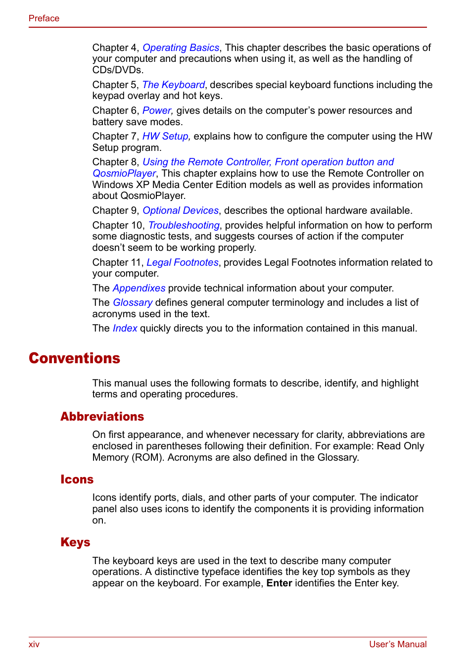 Conventions, Abbreviations, Icons | Keys | Toshiba Qosmio F30 (PQF32) User Manual | Page 14 / 276