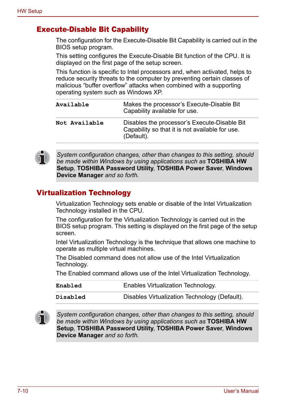Execute-disable bit capability, Virtualization technology | Toshiba Qosmio F30 (PQF32) User Manual | Page 140 / 276