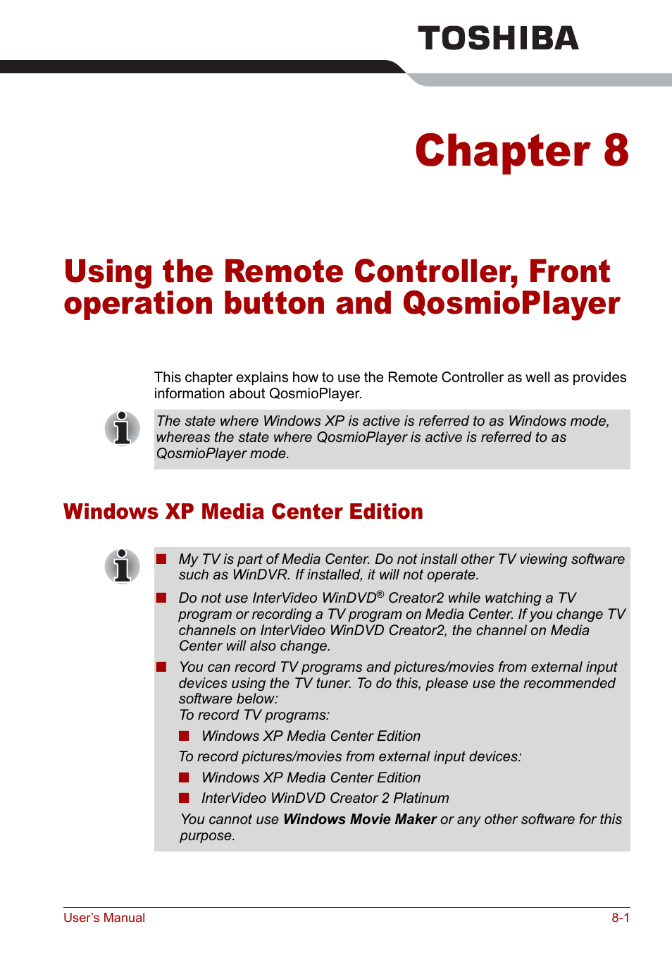 Windows xp media center edition, Chapter 8, Windows xp media center edition -1 | Qosmioplayer, Using the remote, Controller, front operation button and, Using the remote controller, Front operation button and qosmioplayer | Toshiba Qosmio F30 (PQF32) User Manual | Page 141 / 276