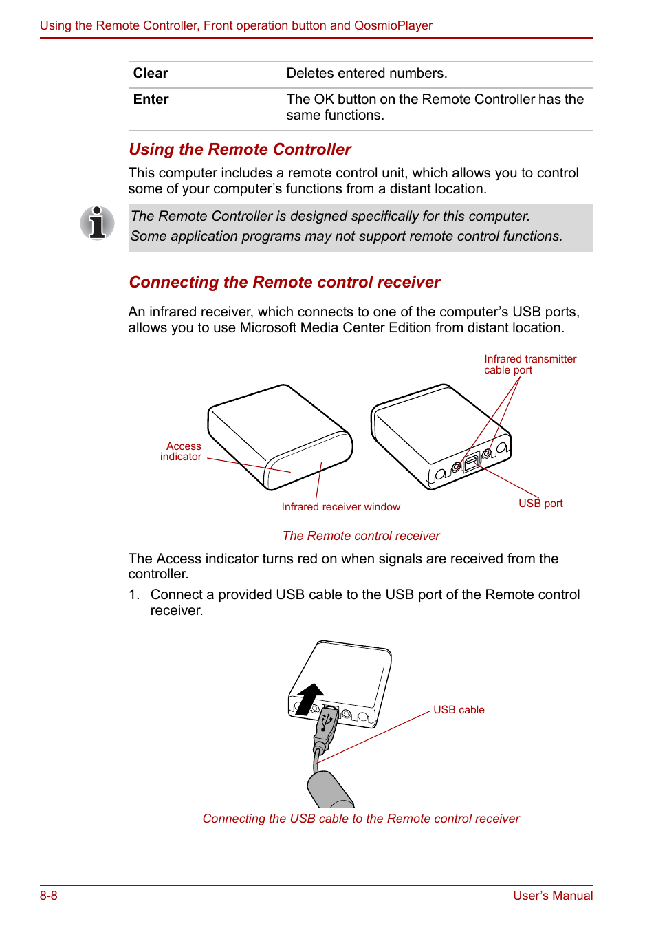 Using the remote controller, Connecting the remote control receiver | Toshiba Qosmio F30 (PQF32) User Manual | Page 148 / 276