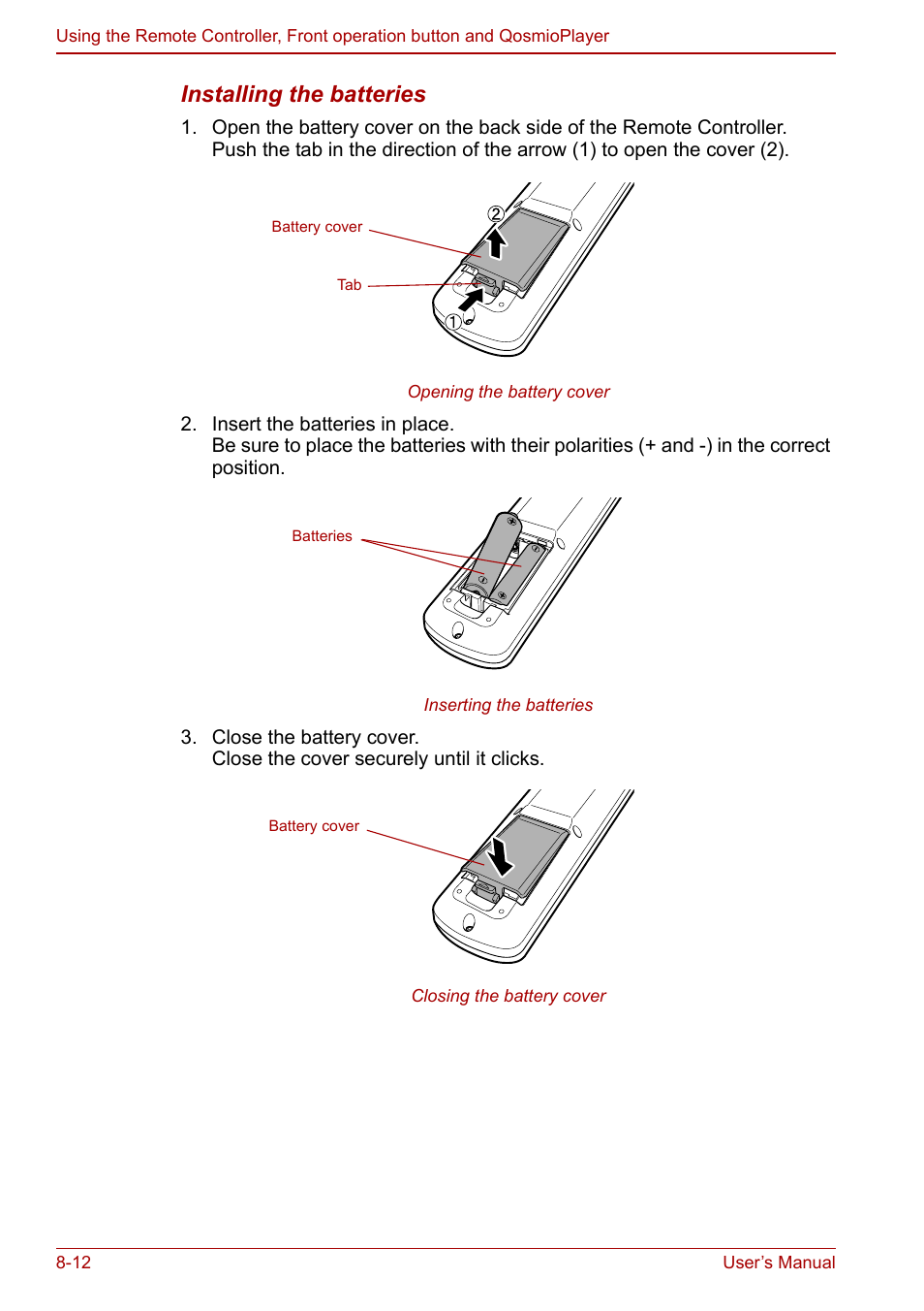 Installing the batteries | Toshiba Qosmio F30 (PQF32) User Manual | Page 152 / 276