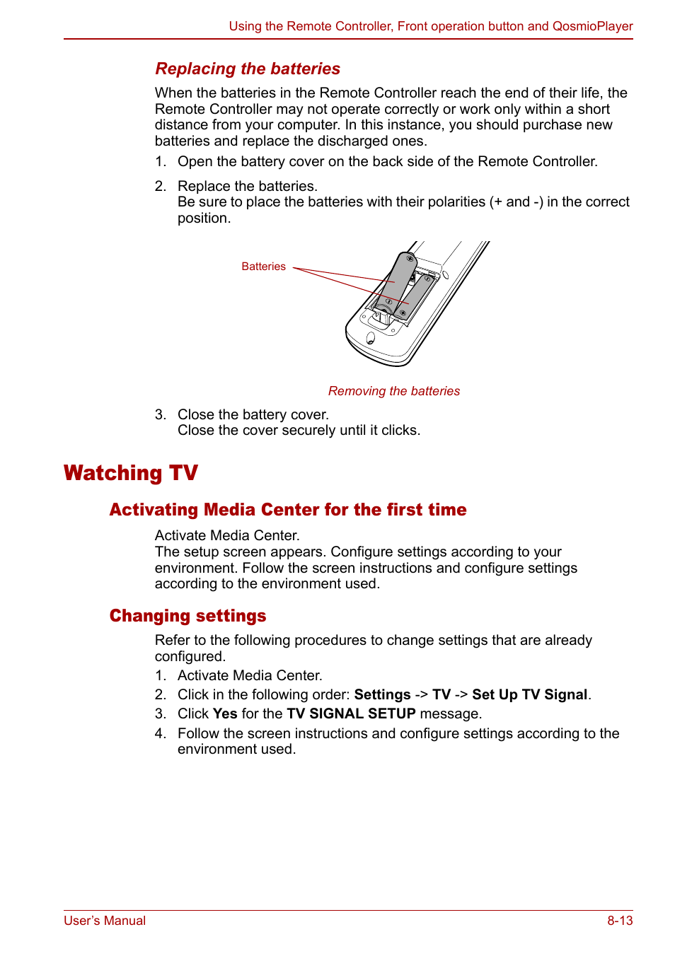 Watching tv, Watching tv -13, Activating media center for the first time | Changing settings | Toshiba Qosmio F30 (PQF32) User Manual | Page 153 / 276