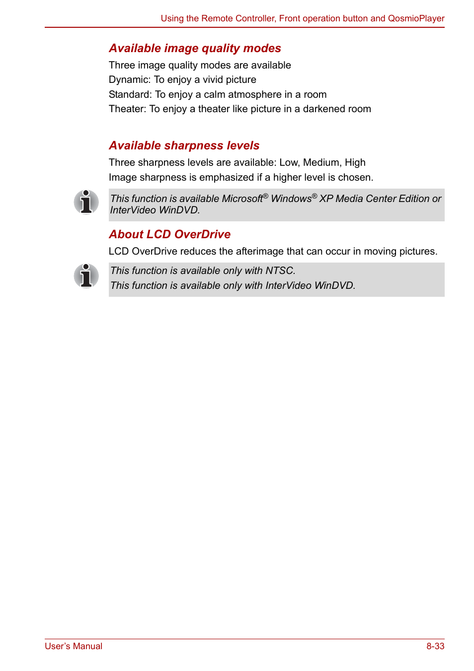 Available image quality modes, Available sharpness levels, About lcd overdrive | Toshiba Qosmio F30 (PQF32) User Manual | Page 173 / 276