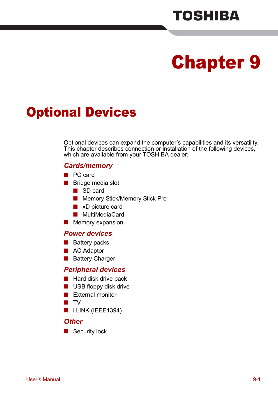 Chapter 9 - optional devices, Chapter 9, Optional devices | Apter 9, Ter 9 | Toshiba Qosmio F30 (PQF32) User Manual | Page 175 / 276