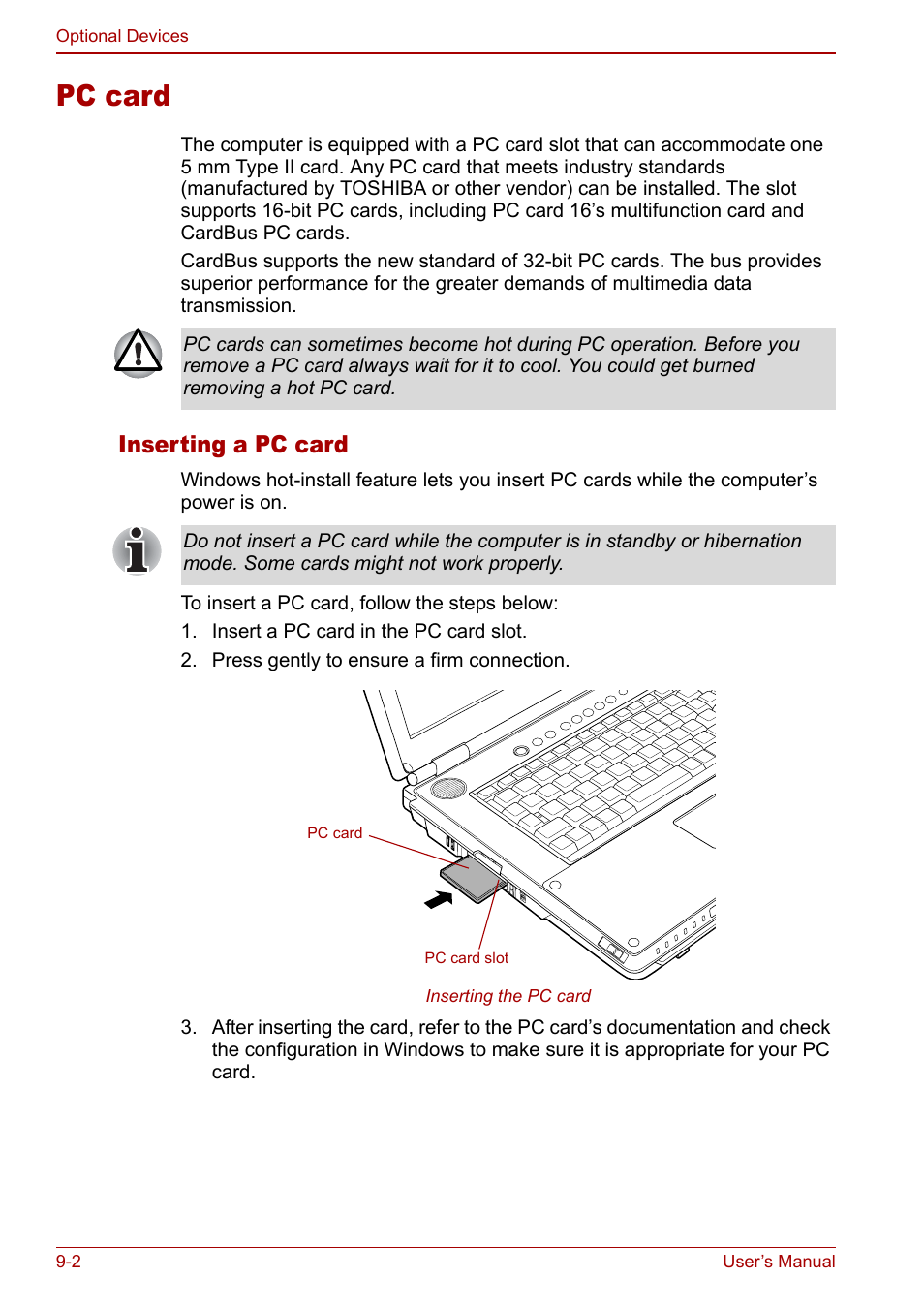 Pc card, Pc card -2, Inserting a pc card | Toshiba Qosmio F30 (PQF32) User Manual | Page 176 / 276
