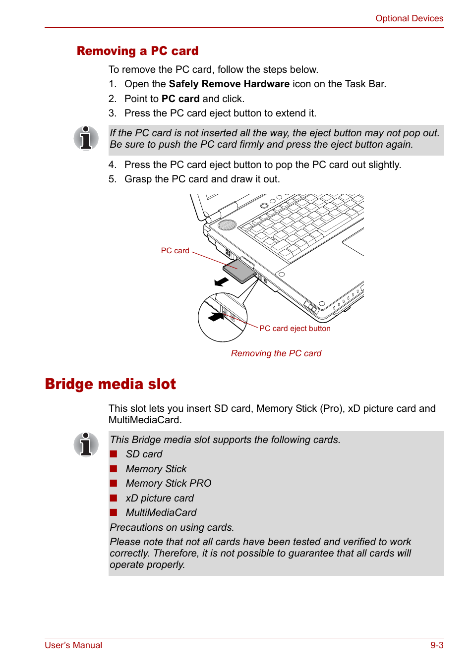 Bridge media slot, Bridge media slot -3, Removing a pc card | Toshiba Qosmio F30 (PQF32) User Manual | Page 177 / 276