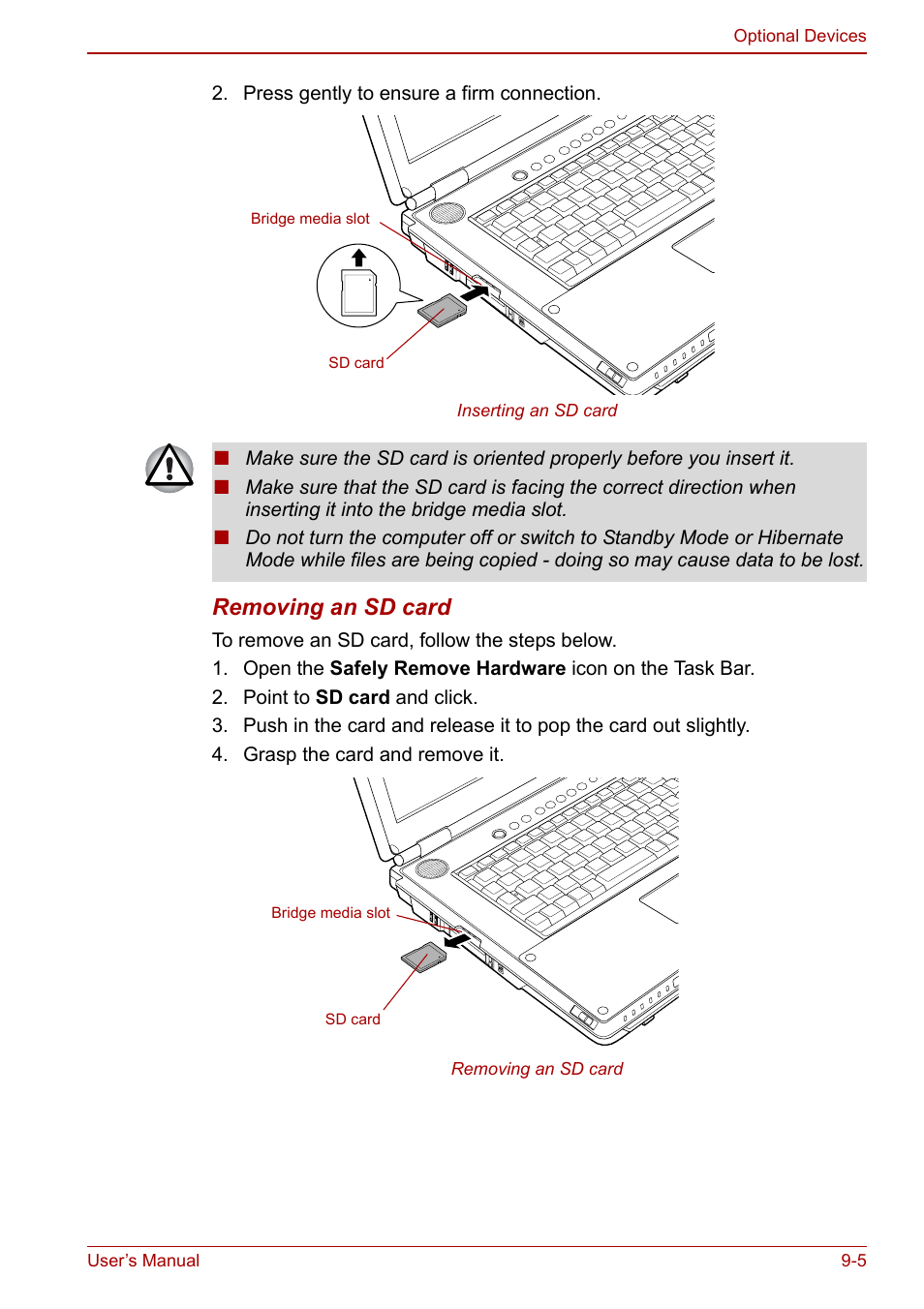 Removing an sd card | Toshiba Qosmio F30 (PQF32) User Manual | Page 179 / 276