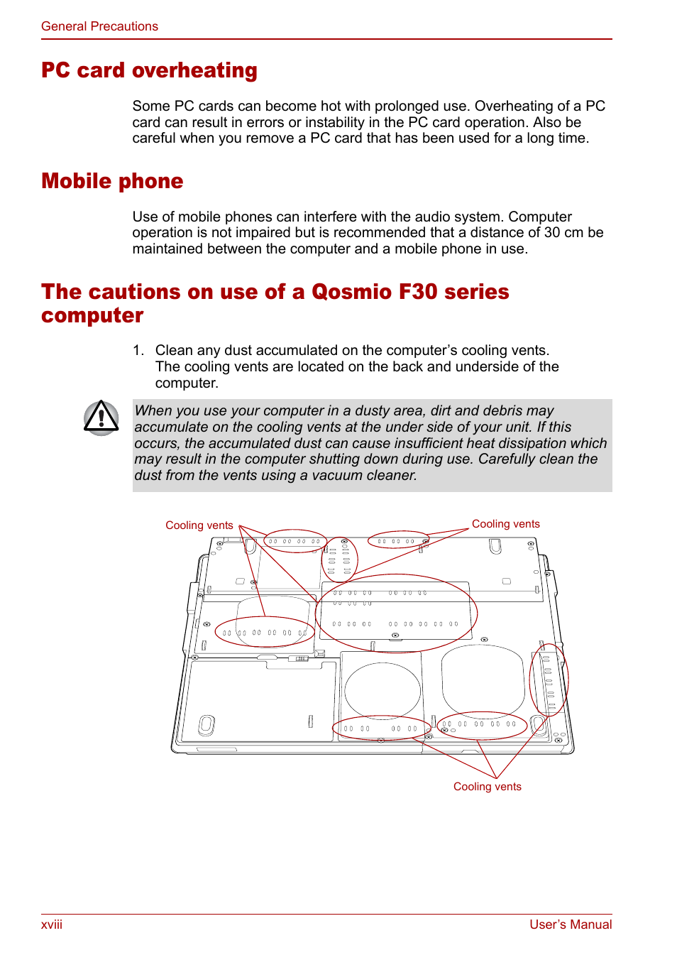 Pc card overheating, Mobile phone | Toshiba Qosmio F30 (PQF32) User Manual | Page 18 / 276