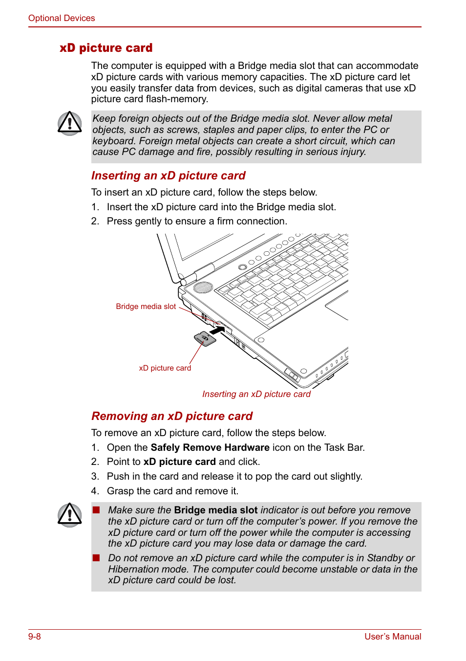 Xd picture card | Toshiba Qosmio F30 (PQF32) User Manual | Page 182 / 276