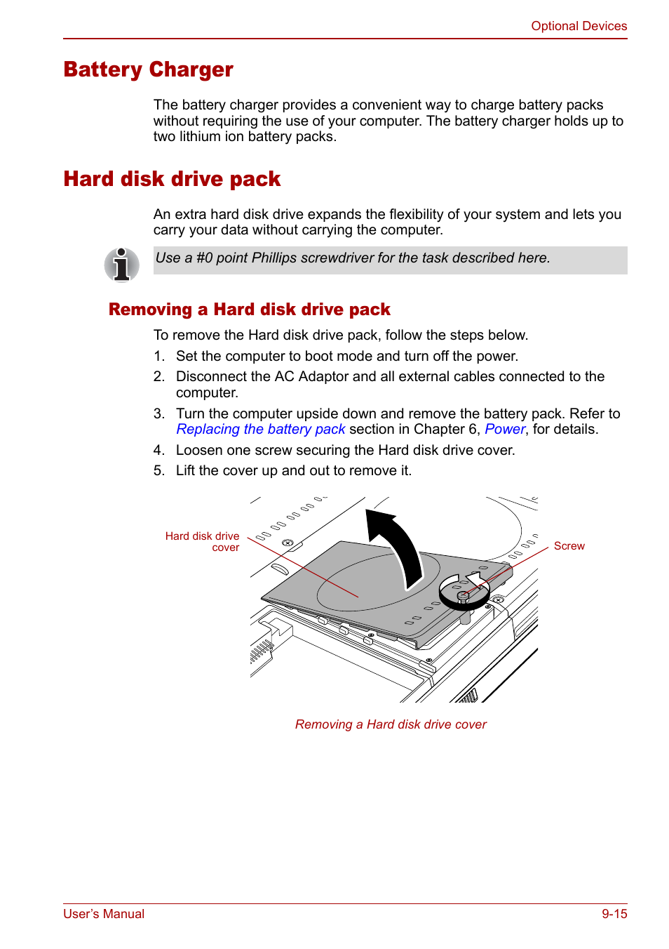 Battery charger, Hard disk drive pack, Battery charger -15 hard disk drive pack -15 | Removing a hard disk drive pack | Toshiba Qosmio F30 (PQF32) User Manual | Page 189 / 276