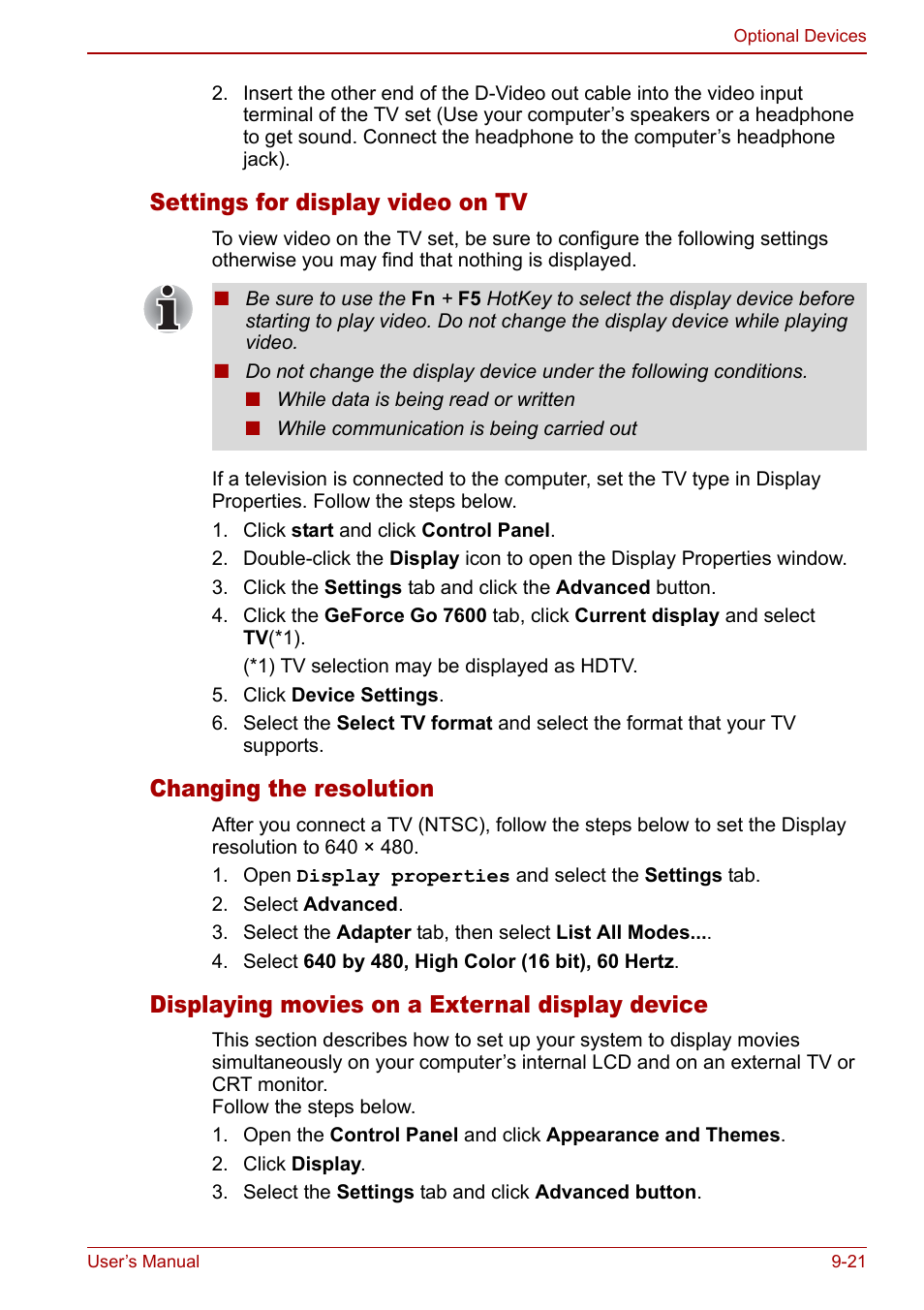 Settings for display video on tv, Changing the resolution, Displaying movies on a external display device | Toshiba Qosmio F30 (PQF32) User Manual | Page 195 / 276