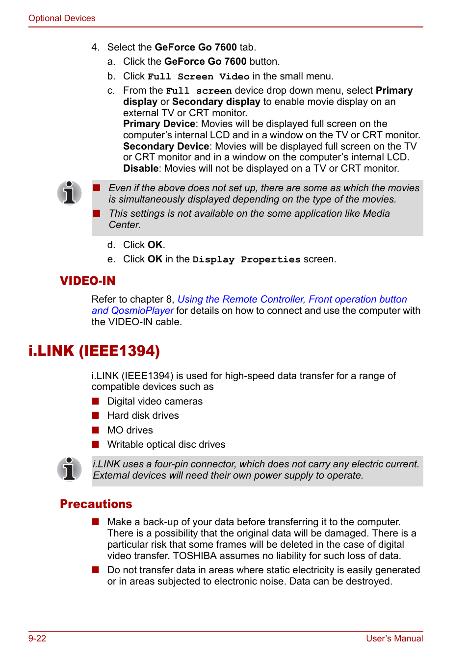 I.link (ieee1394), I.link (ieee1394) -22, Video-in | Precautions | Toshiba Qosmio F30 (PQF32) User Manual | Page 196 / 276