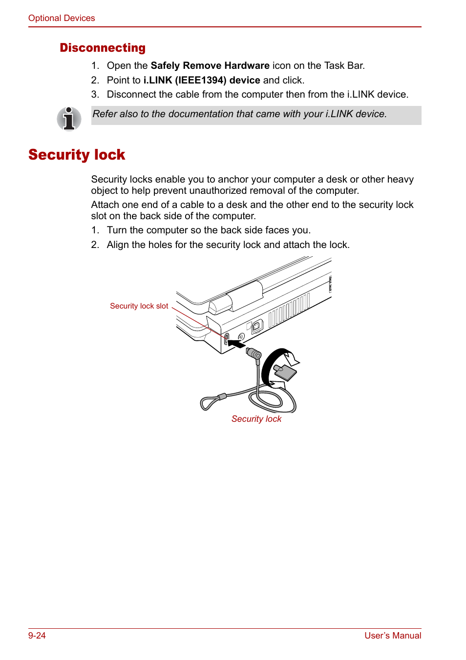 Security lock, Security lock -24, Disconnecting | Toshiba Qosmio F30 (PQF32) User Manual | Page 198 / 276