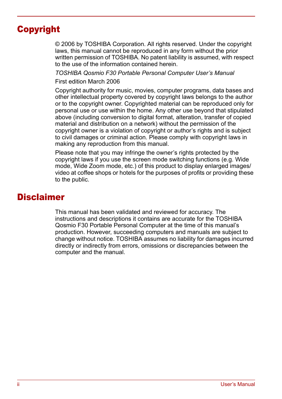Copyright, Disclaimer | Toshiba Qosmio F30 (PQF32) User Manual | Page 2 / 276