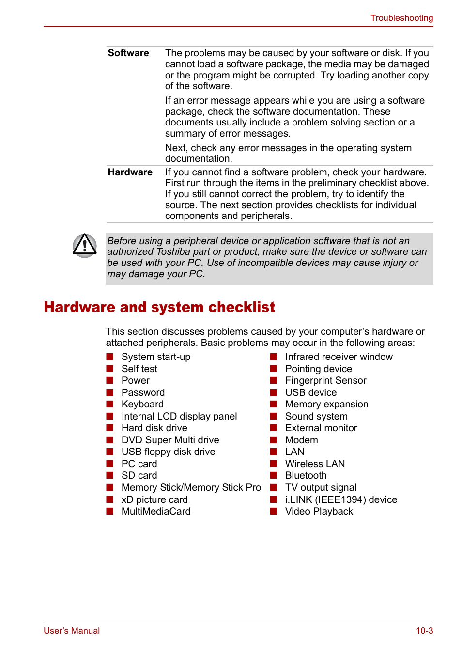 Hardware and system checklist, Hardware and system checklist -3 | Toshiba Qosmio F30 (PQF32) User Manual | Page 201 / 276