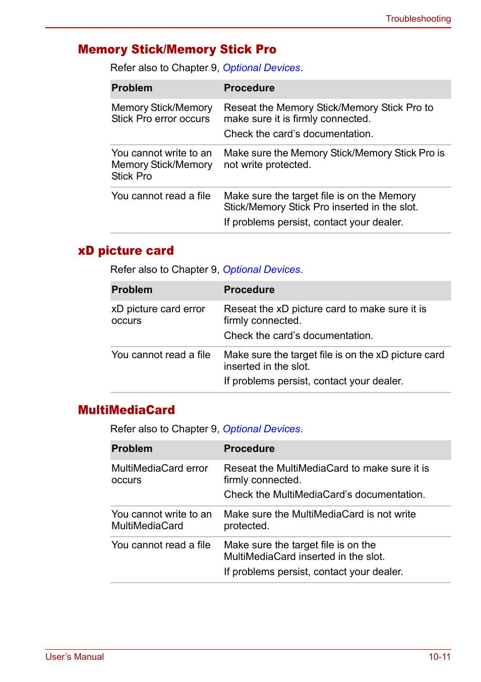 Xd picture card, Multimediacard | Toshiba Qosmio F30 (PQF32) User Manual | Page 209 / 276