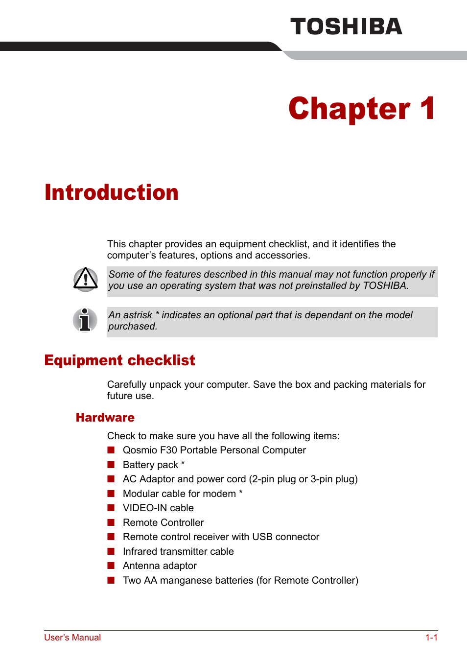 Chapter 1 - introduction, Equipment checklist, Chapter 1 | Introduction, Equipment checklist -1, Is an overvie | Toshiba Qosmio F30 (PQF32) User Manual | Page 21 / 276