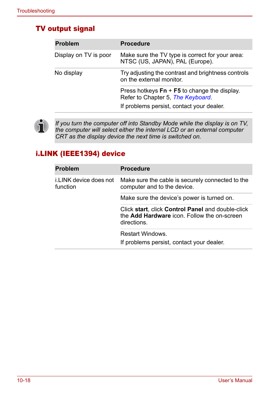 Tv output signal i.link (ieee1394) device | Toshiba Qosmio F30 (PQF32) User Manual | Page 216 / 276