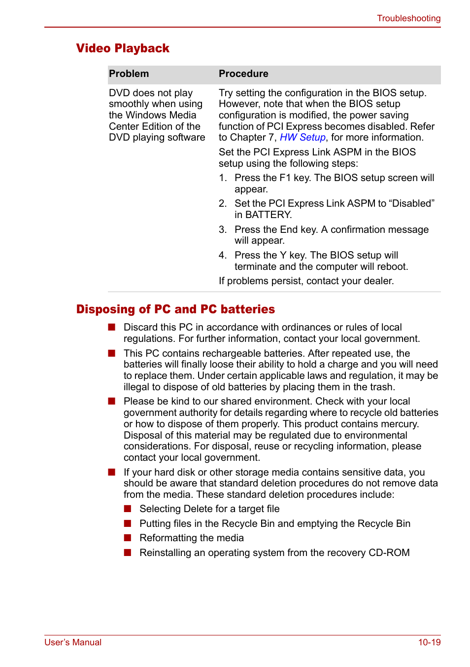 Video playback disposing of pc and pc batteries | Toshiba Qosmio F30 (PQF32) User Manual | Page 217 / 276