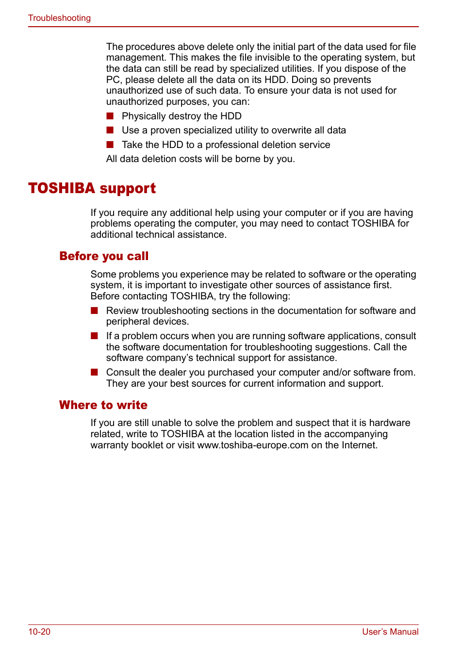 Toshiba support, Toshiba support -20, Before you call | Where to write | Toshiba Qosmio F30 (PQF32) User Manual | Page 218 / 276