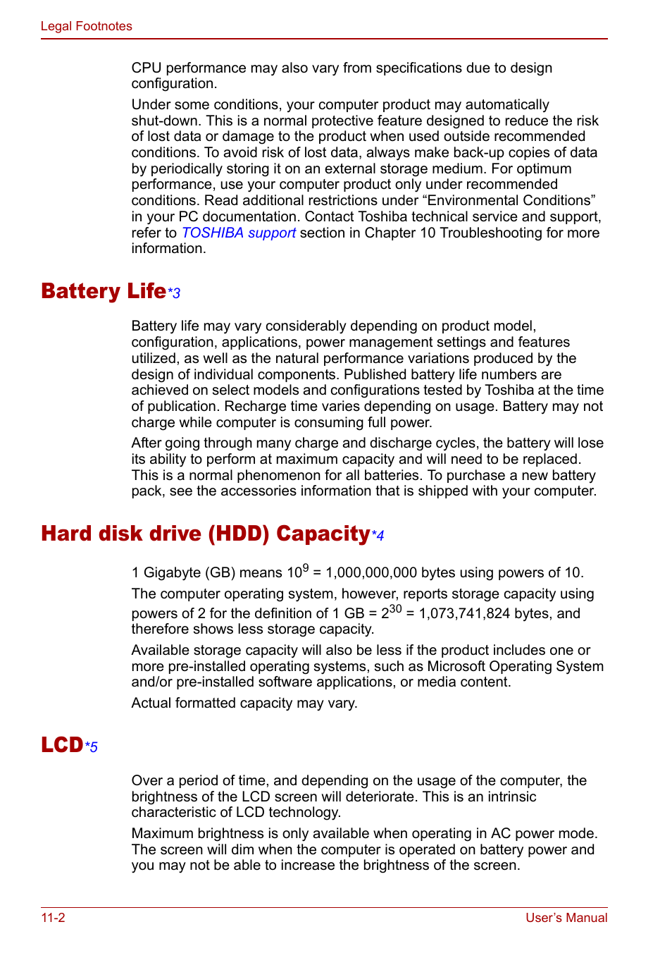 L footnote (lcd), Battery lif e, Hard disk drive (hdd) capacity | Toshiba Qosmio F30 (PQF32) User Manual | Page 220 / 276