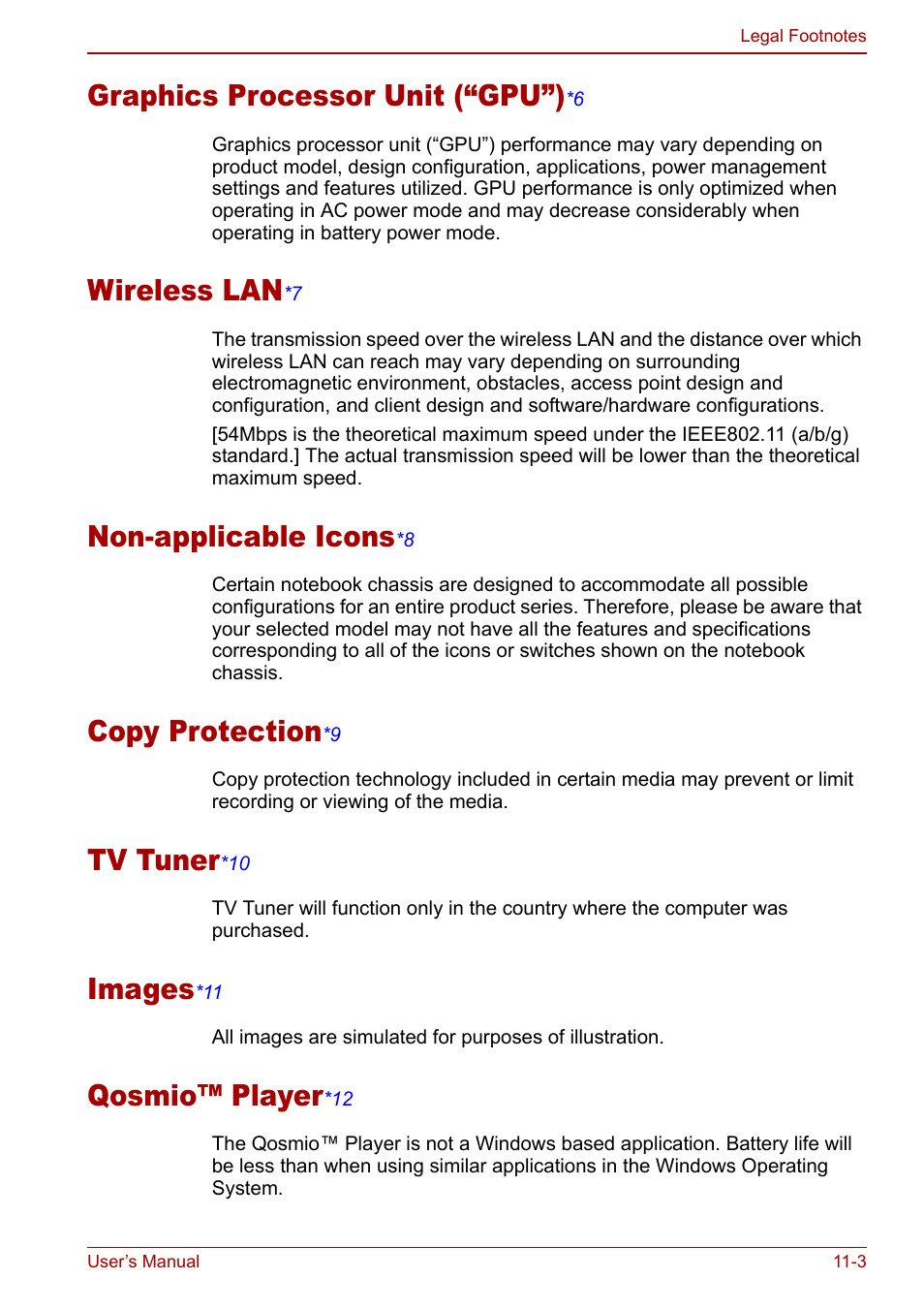 Ocessor unit (“gpu”)), Graphics processor unit (“gpu”), Wireless la n | Non-applicab le icons, Copy protection, Tv tuner, Images, Qosmio™ player | Toshiba Qosmio F30 (PQF32) User Manual | Page 221 / 276