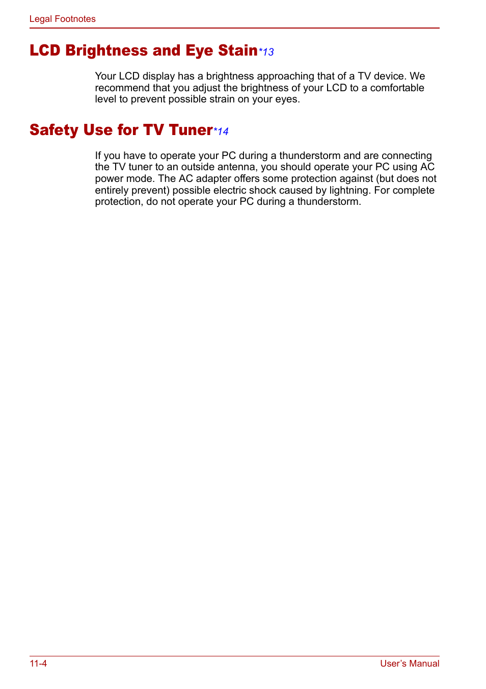 Lcd brightness and eye stain, Safety use for tv tuner | Toshiba Qosmio F30 (PQF32) User Manual | Page 222 / 276