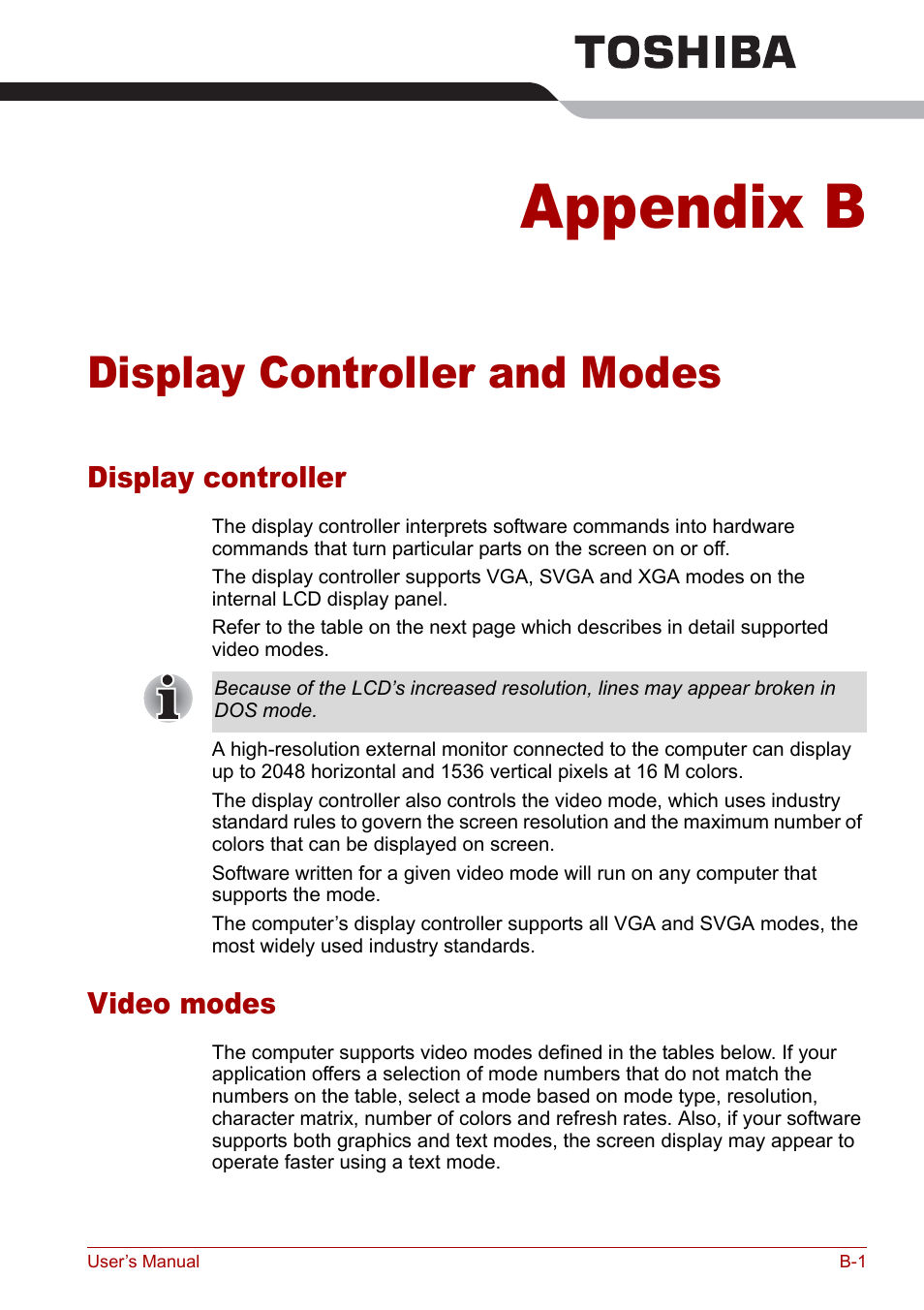 Appendix b - display controller and modes, Display controller, Video modes | Appendix b, Display controller and modes, Refer to, Display controller and, Modes, And modes | Toshiba Qosmio F30 (PQF32) User Manual | Page 227 / 276