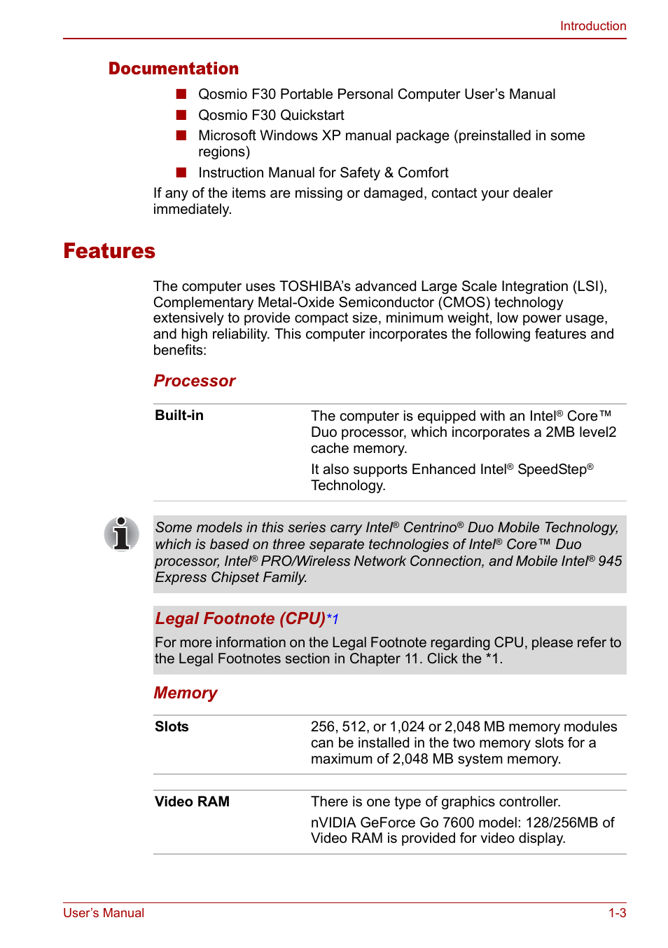 Features, Features -3, Documentation | Toshiba Qosmio F30 (PQF32) User Manual | Page 23 / 276