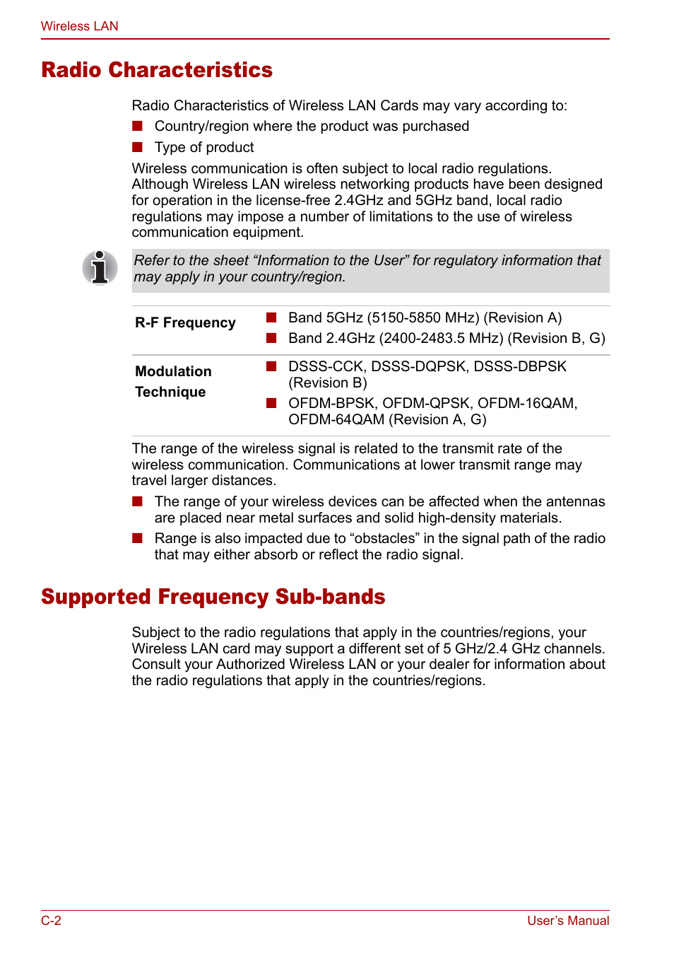 Radio characteristics, Supported frequency sub-bands | Toshiba Qosmio F30 (PQF32) User Manual | Page 236 / 276