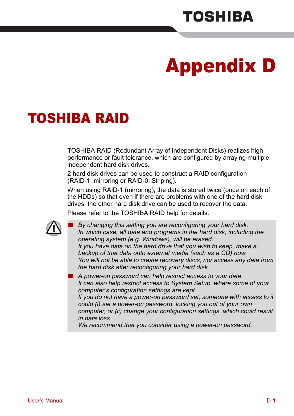 Appendix d - toshiba raid, Appendix d, Toshiba raid | Toshiba Qosmio F30 (PQF32) User Manual | Page 239 / 276