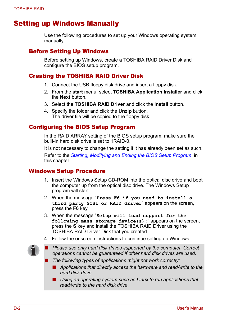 Setting up windows manually, Before setting up windows, Creating the toshiba raid driver disk | Configuring the bios setup program, Windows setup procedure | Toshiba Qosmio F30 (PQF32) User Manual | Page 240 / 276