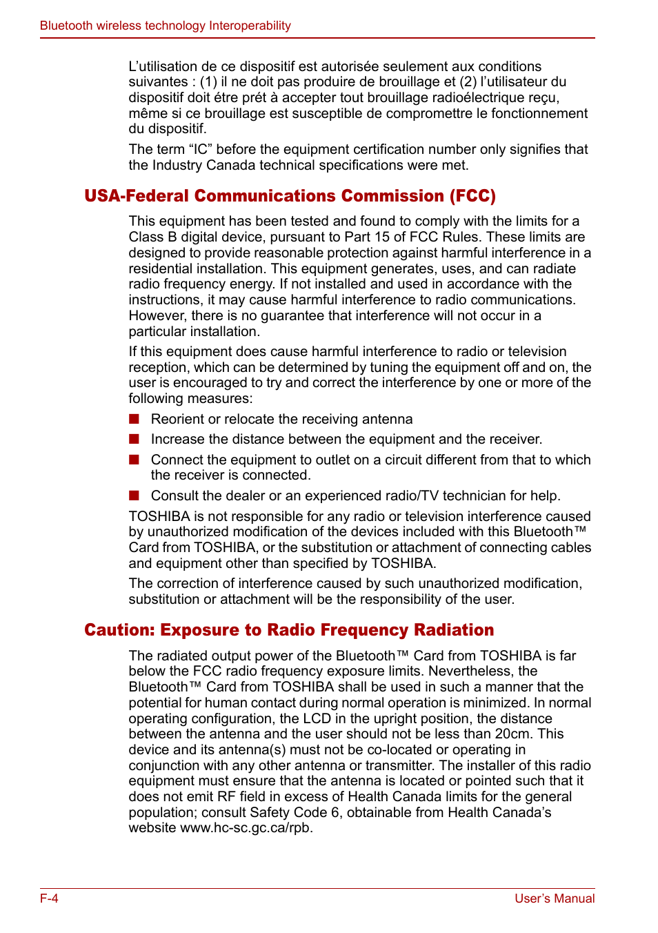 Usa-federal communications commission (fcc), Caution: exposure to radio frequency radiation | Toshiba Qosmio F30 (PQF32) User Manual | Page 250 / 276