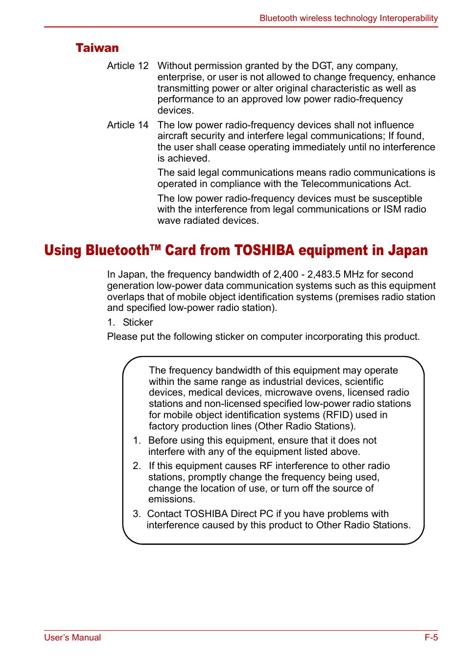 Taiwan | Toshiba Qosmio F30 (PQF32) User Manual | Page 251 / 276