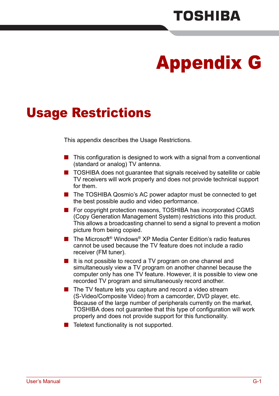 Appendix g - usage restrictions, Appendix g, Usage restrictions | Toshiba Qosmio F30 (PQF32) User Manual | Page 253 / 276
