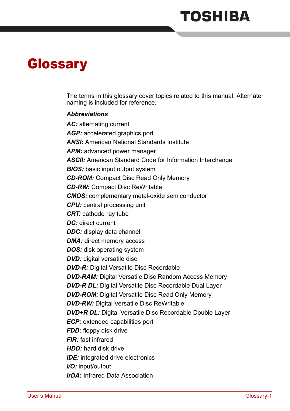 Glossary | Toshiba Qosmio F30 (PQF32) User Manual | Page 257 / 276