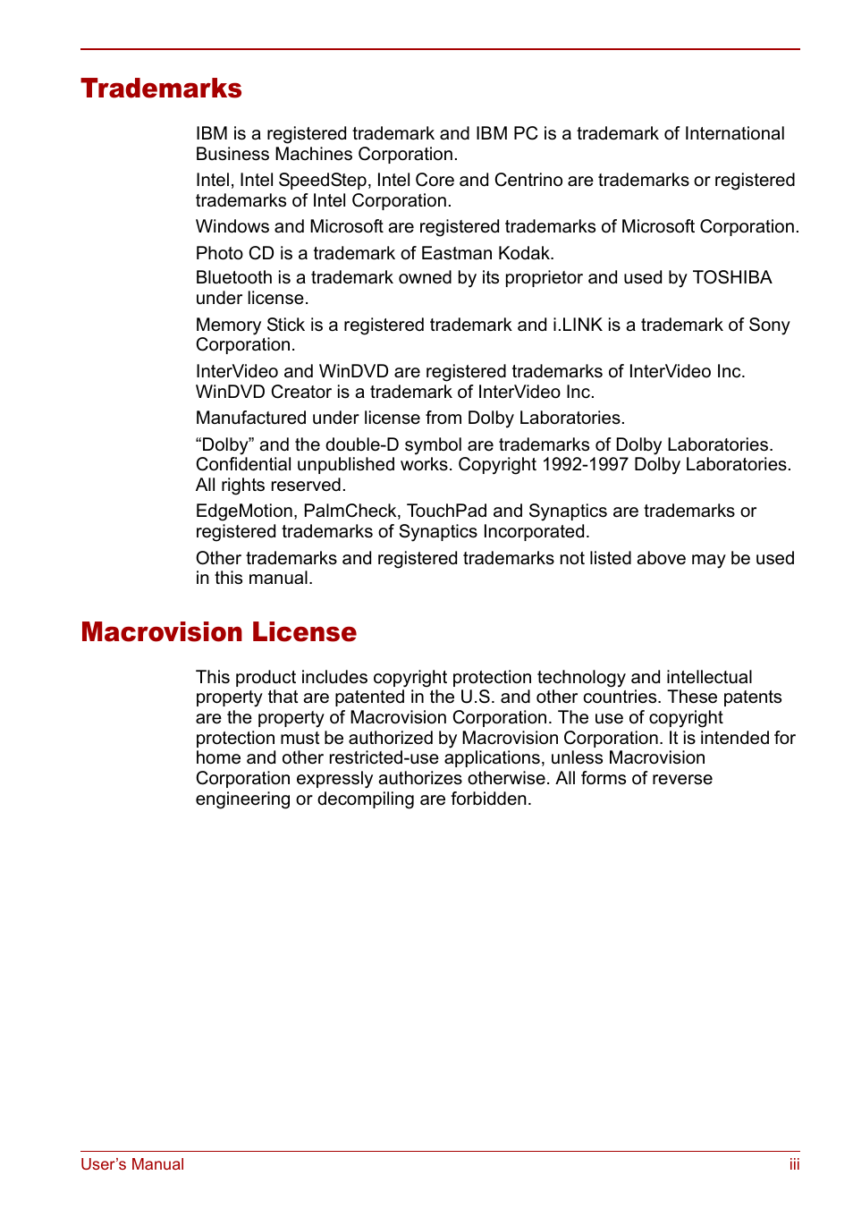 Trademarks, Macrovision license | Toshiba Qosmio F30 (PQF32) User Manual | Page 3 / 276
