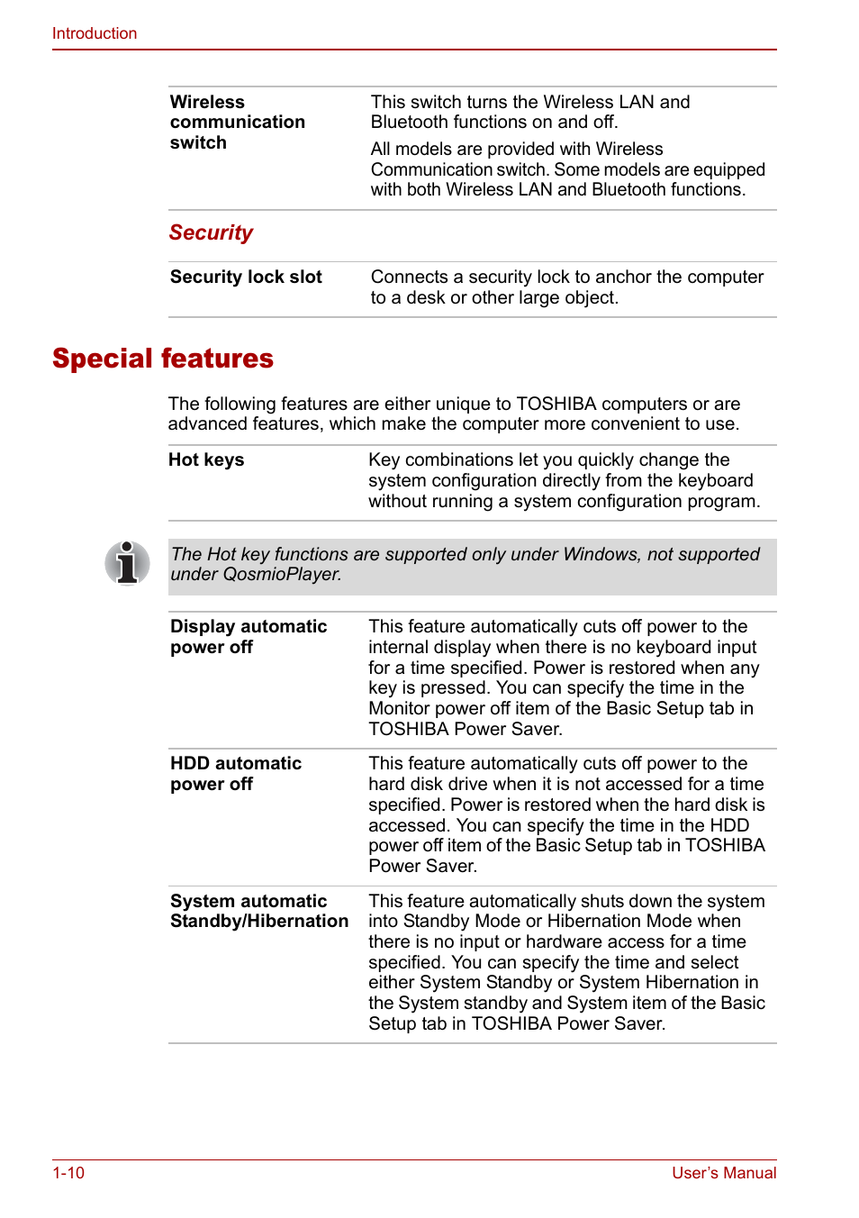 Special features, Special features -10 | Toshiba Qosmio F30 (PQF32) User Manual | Page 30 / 276