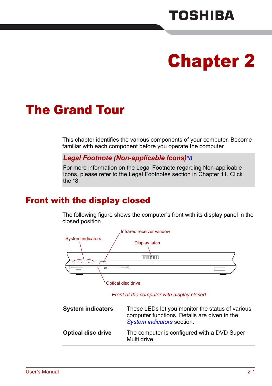 Chapter 2 - the grand tour, Front with the display closed, Chapter 2 | The grand tour, Front with the display closed -1 | Toshiba Qosmio F30 (PQF32) User Manual | Page 37 / 276