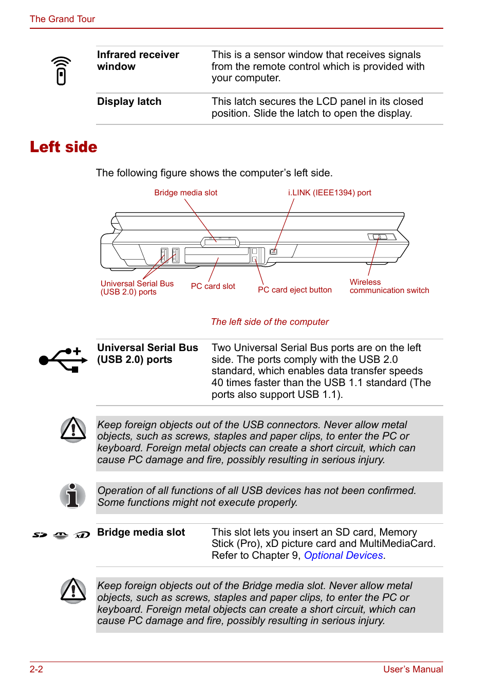 Left side, Left side -2 | Toshiba Qosmio F30 (PQF32) User Manual | Page 38 / 276