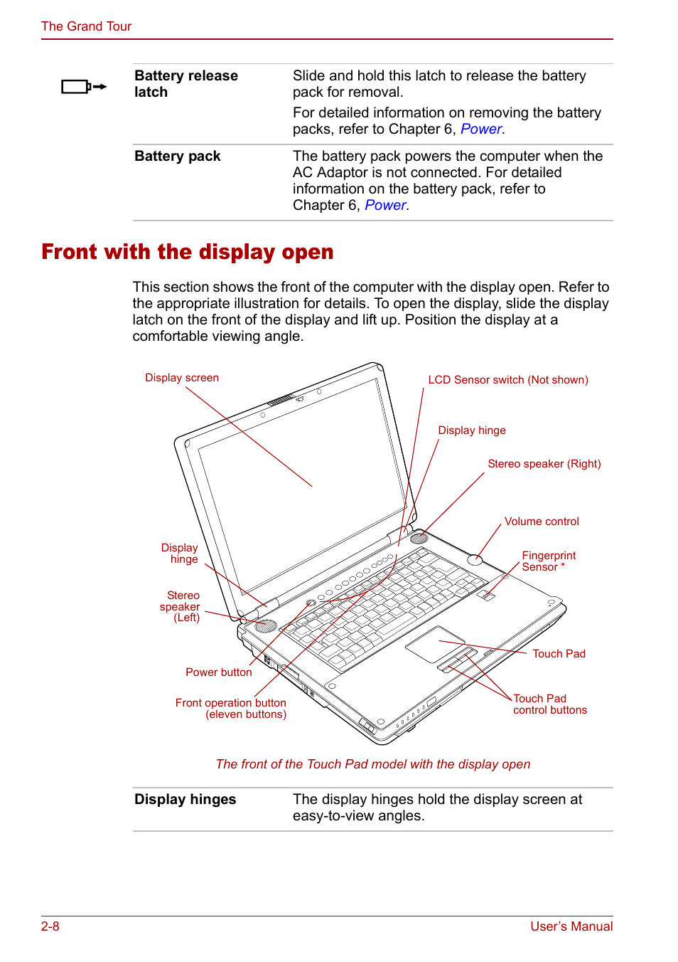 Front with the display open, Front with the display open -8 | Toshiba Qosmio F30 (PQF32) User Manual | Page 44 / 276