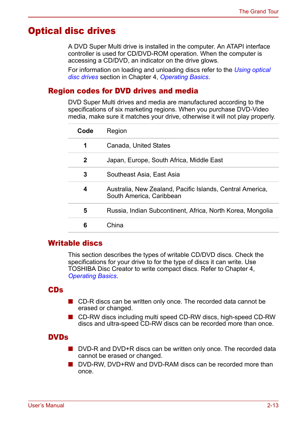 Optical disc drives, Optical disc drives -13, Region codes for dvd drives and media | Writable discs, Dvds | Toshiba Qosmio F30 (PQF32) User Manual | Page 49 / 276