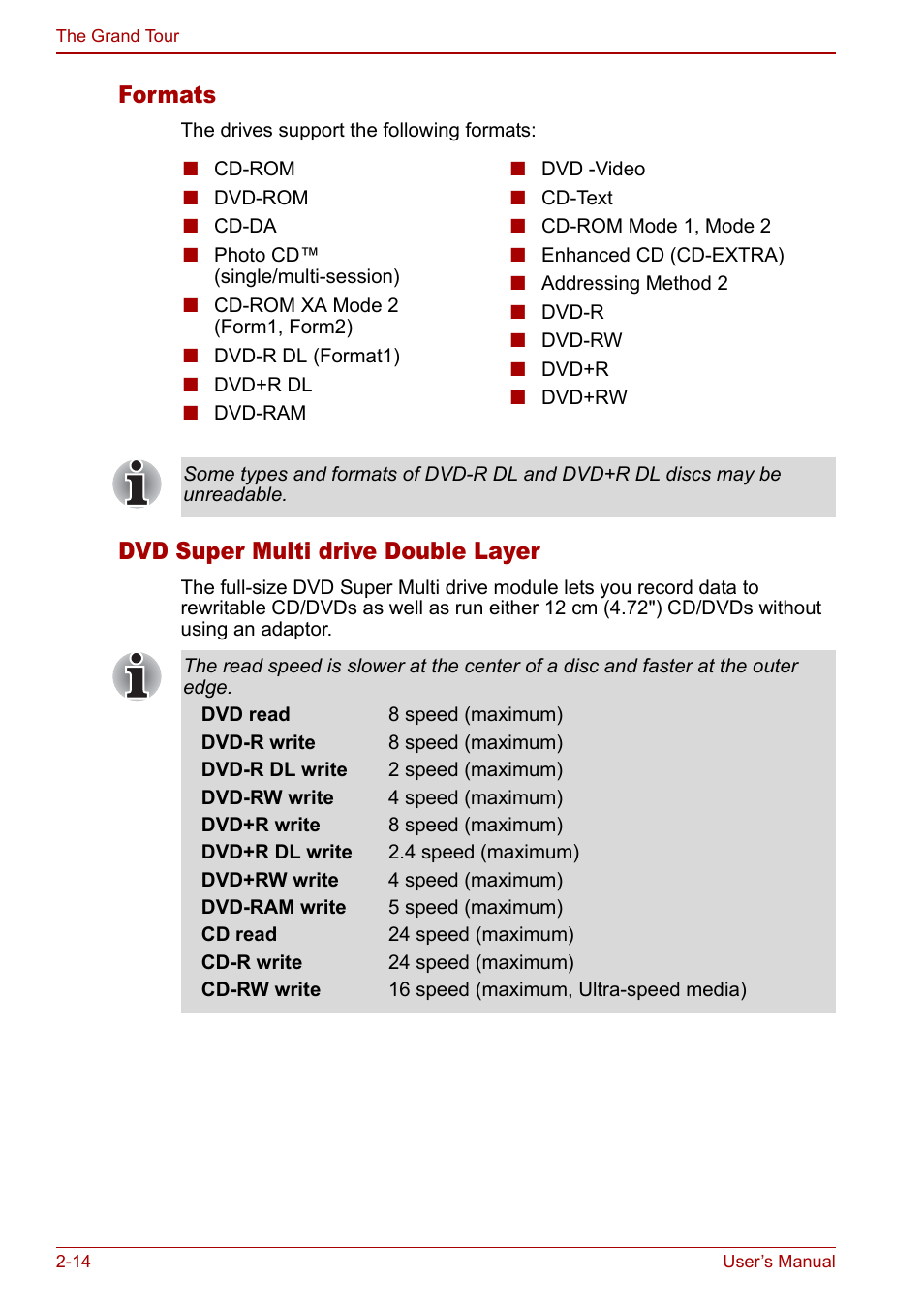 Formats, Dvd super multi drive double layer | Toshiba Qosmio F30 (PQF32) User Manual | Page 50 / 276