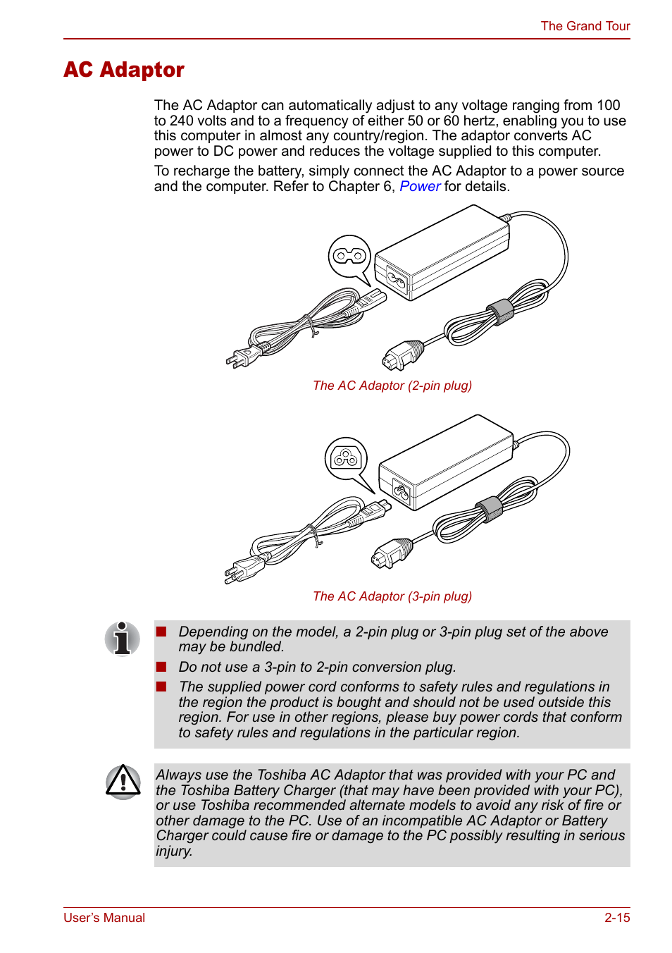 Ac adaptor, Ac adaptor -15 | Toshiba Qosmio F30 (PQF32) User Manual | Page 51 / 276