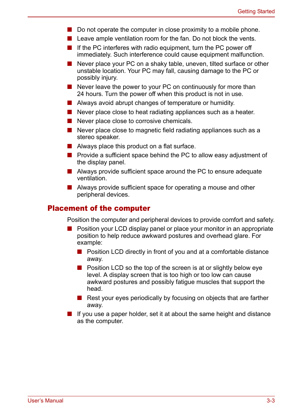 Placement of the computer | Toshiba Qosmio F30 (PQF32) User Manual | Page 55 / 276
