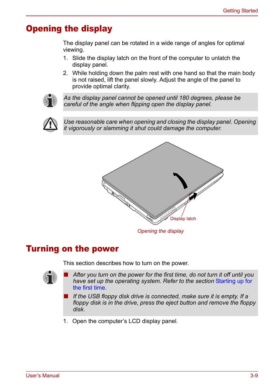 Opening the display, Turning on the power, Opening the display -9 turning on the power -9 | Toshiba Qosmio F30 (PQF32) User Manual | Page 61 / 276