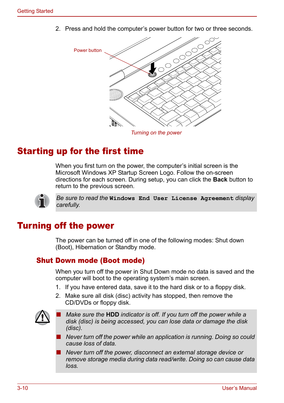 Starting up for the first time, Turning off the power, Section in | Starting up for, The first time, Shut down mode (boot mode) | Toshiba Qosmio F30 (PQF32) User Manual | Page 62 / 276
