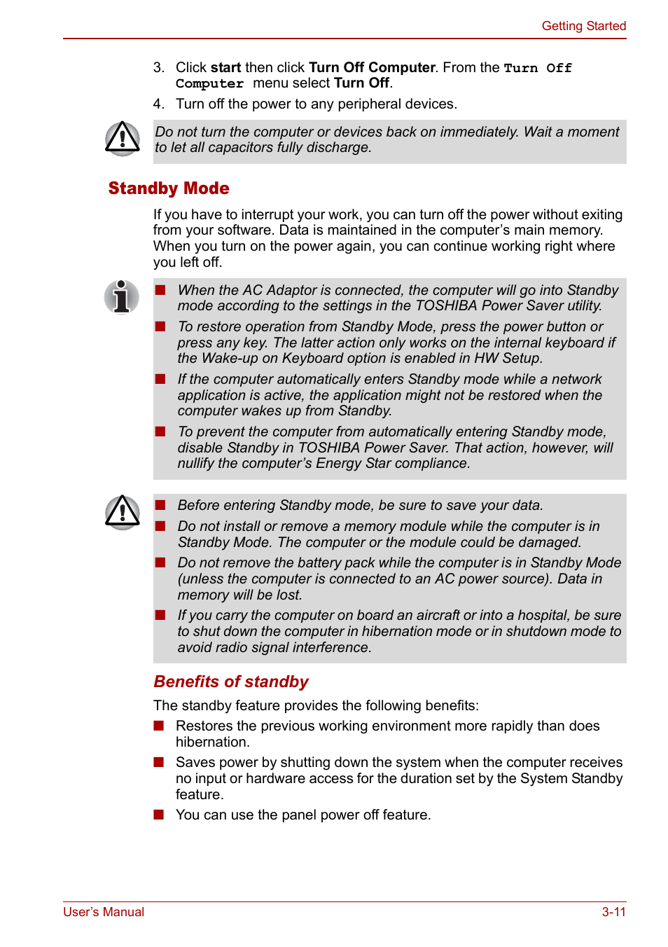 Standby mode | Toshiba Qosmio F30 (PQF32) User Manual | Page 63 / 276