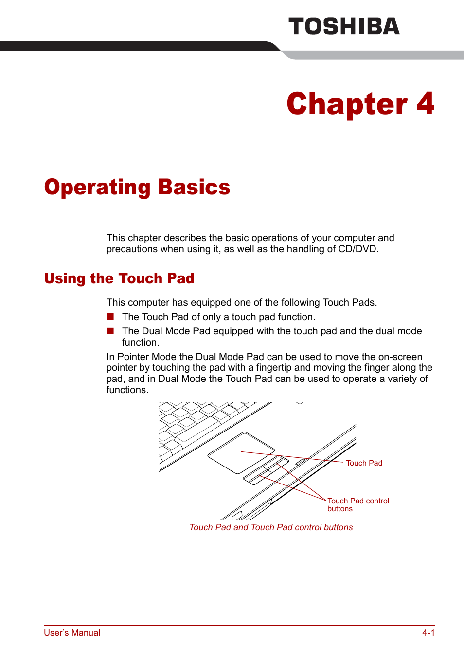 Chapter 4 - operating basics, Using the touch pad, Chapter 4 | Operating basics, Using the touch pad -1, Using, The touch pad, Operating, Basics | Toshiba Qosmio F30 (PQF32) User Manual | Page 69 / 276